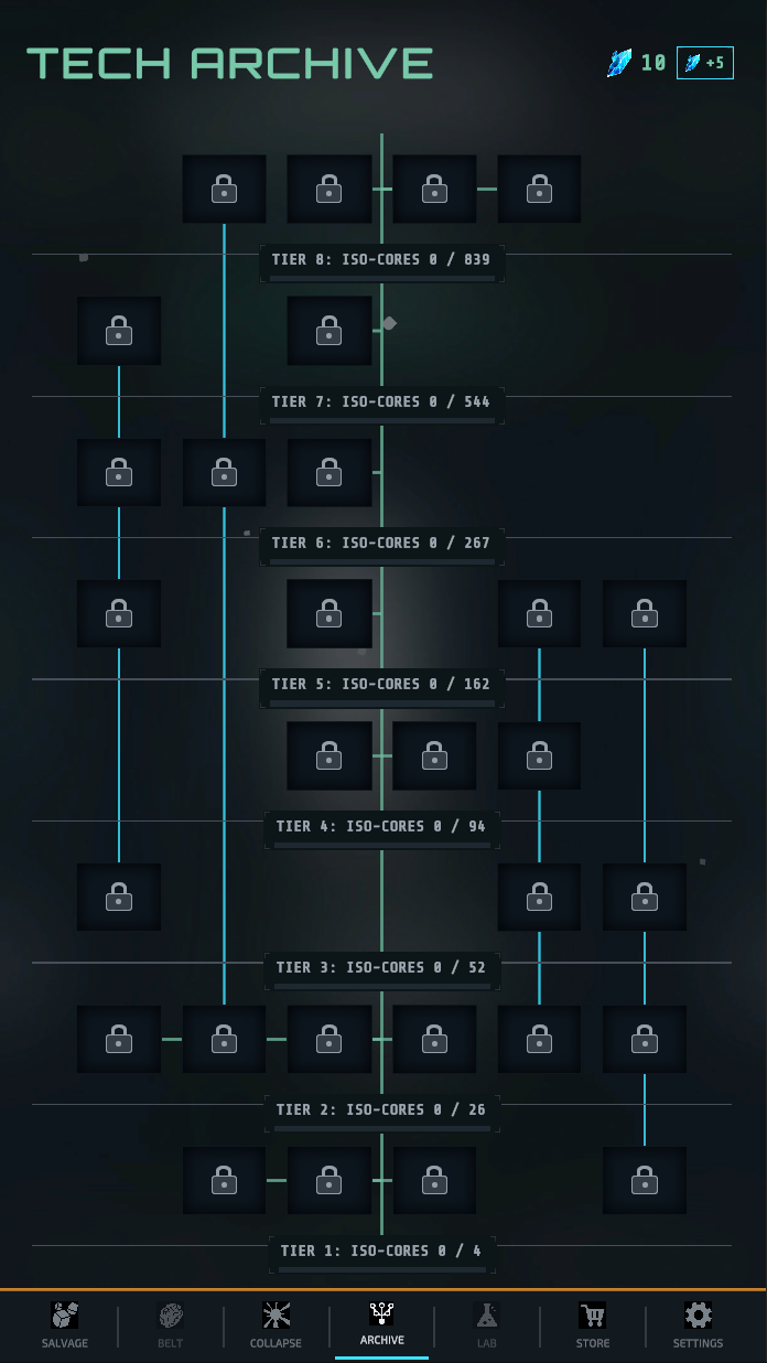 The Tech Archive screen: a branching node graph of upgrades split into Iso-Core tiers