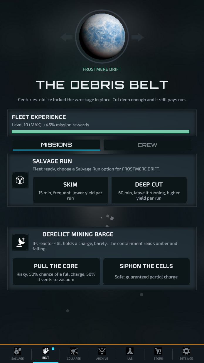 The Debris Belt screen: a planet with stage navigation arrows above Missions and Crew tabs