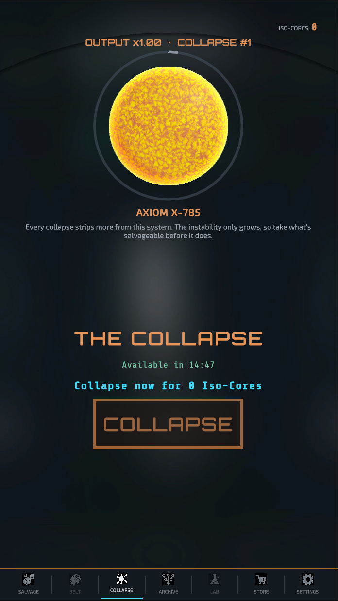 The Collapse screen: a dying red star above a floor-countdown ring and the Collapse button