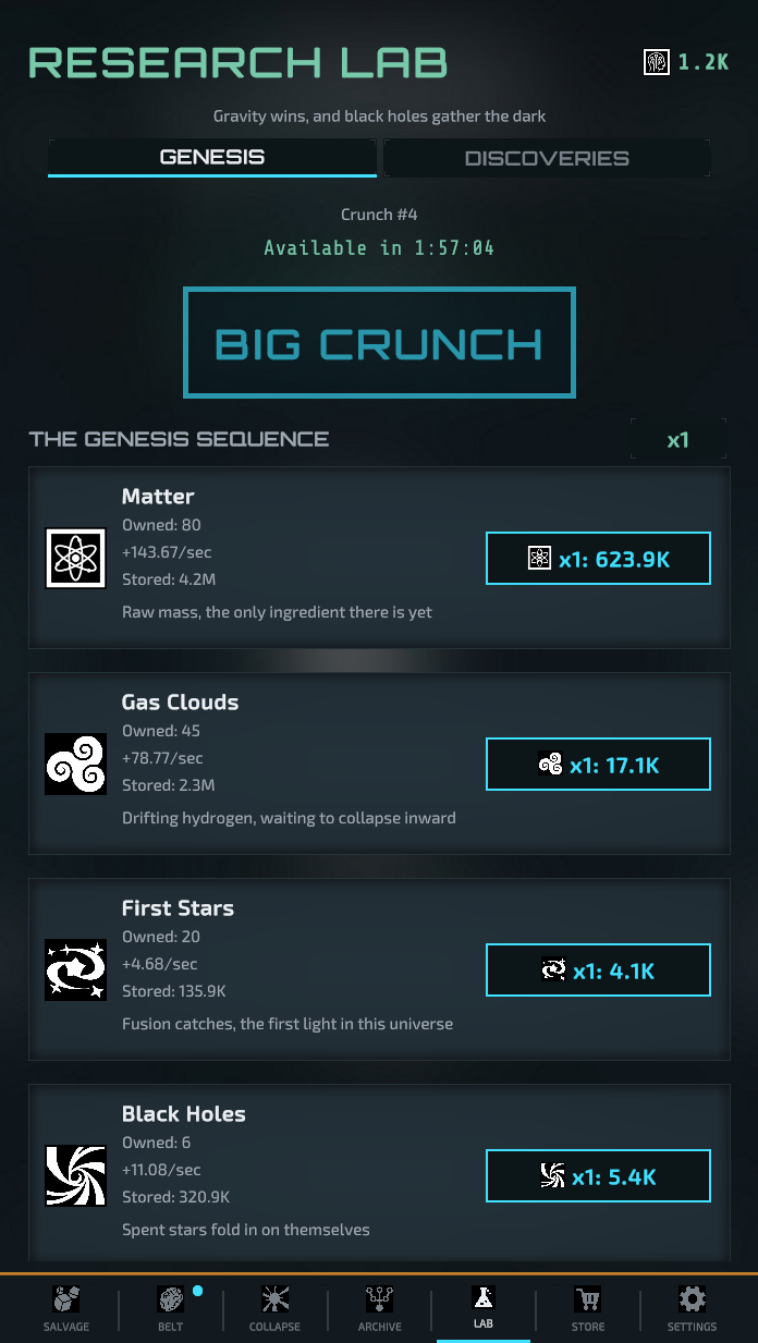 The Research Lab screen: the Genesis Sequence chain from Matter toward Solar Systems