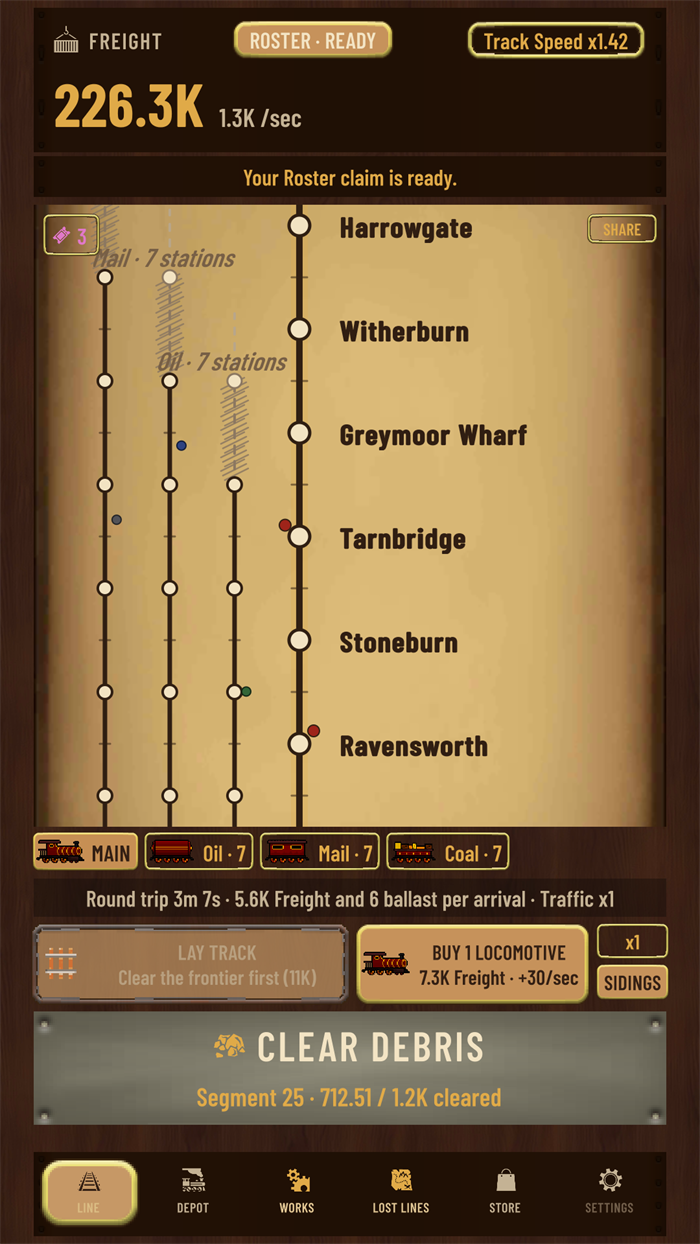 The Line screen: a parchment map of stations with three branch lines, above the Lay Track, Buy Locomotive and Clear Debris buttons