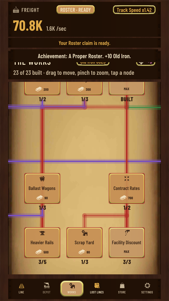 The Works screen: a tree of upgrade nodes joined by coloured lanes