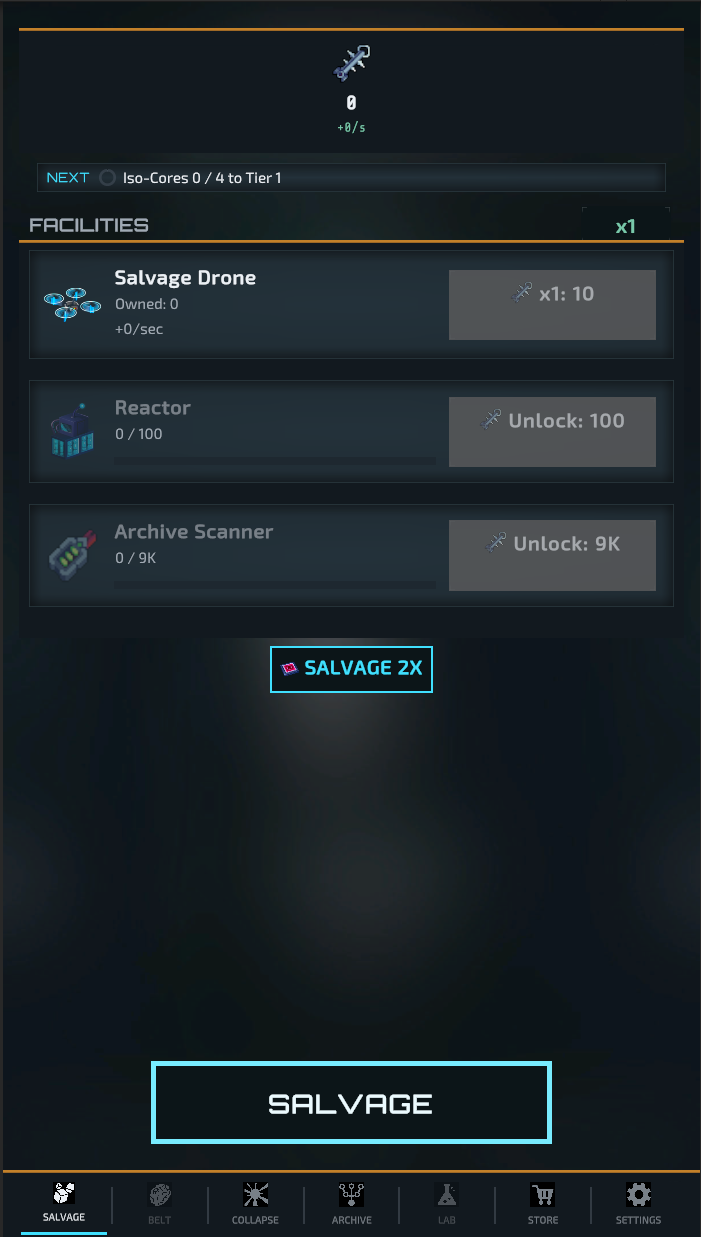 The Salvage screen: facility list with Salvage Drone, Reactor and Archive Scanner above a large SALVAGE tap button