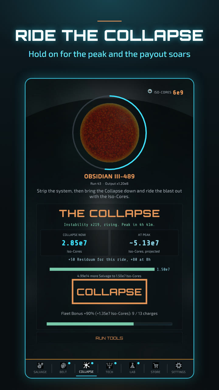 Ride the Collapse: the Collapse screen with a dying red star, the Instability ring and the Iso-Core payout now and at the peak