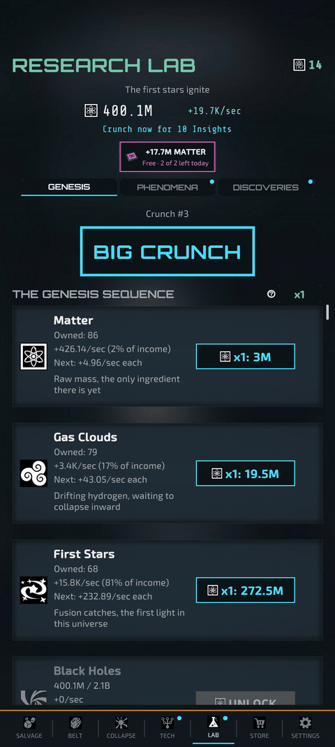 The Big Crunch in motion: the Research Lab's stages are pulled into a single point, Insights count up, and a new cycle begins